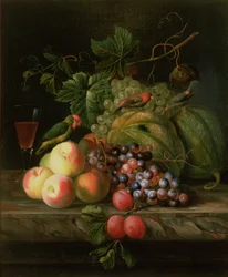 Nature morte de fruits sur un rebord avec des perruches